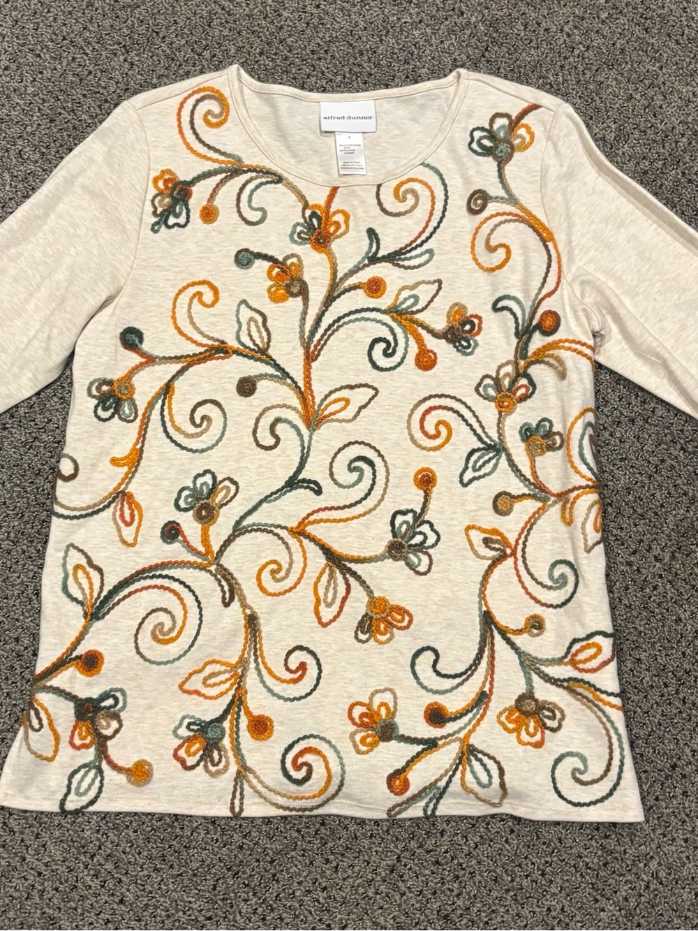Alfred Dunner Cream Knit Top with Orange, Green & Brown Embroidery